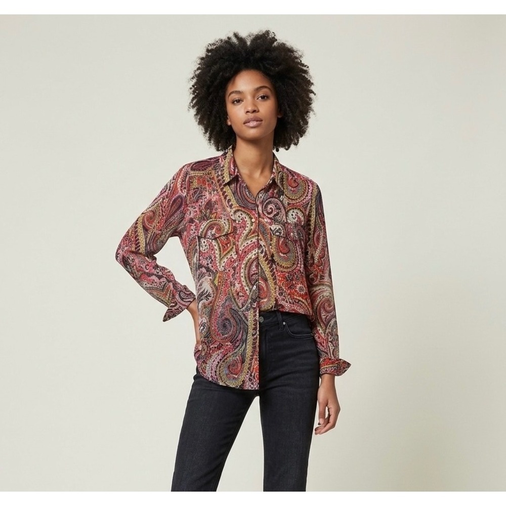 The Kooples Paisley Button Down Top Women M Sheer Snap Button Western Boho Chic